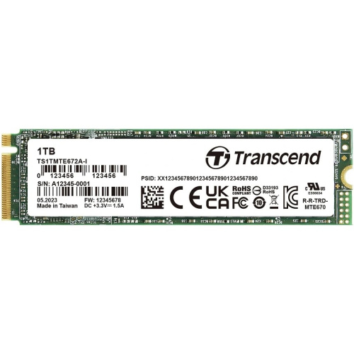 SSD Transcend MTE672AI 1Тб (TS1TMTE672AI-VS1), M.2 2280, PCIe Gen3x4, NVMe, 3D TLC BiCS5, DRAM-less, темп. режим от -40С до +85С
