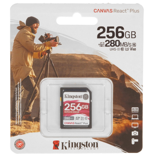 Карта памяти Kingston SDR2V6/256GB SDHC, 256Gb UHS-I Class U3 V60, чтение 280Мб/с, запись 100Мб/с