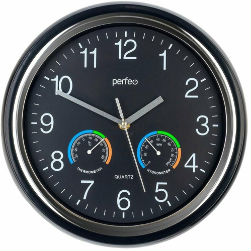 Часы настенные Perfeo PF-WC-012 круглые 30см, чёрный корпус/чёрный циферблат
