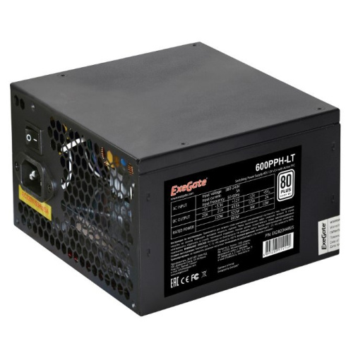 Блок питания ExeGate 600PPH-LT-OEM EX282044RUS-OEM 600W, 80+, ATX, black, APFC, 12cm, 24p, (4+4)p, 5*SATA, 3*IDE