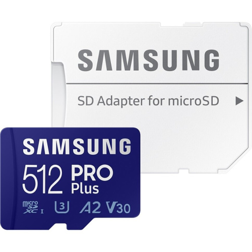 Карта памяти Samsung Pro Plus (MB-MD512SA/EU) microSDXC 512GB Class 10, A2, V30, UHS-I (U3), W 130 МБ/с, R 180 МБ/с, адаптер на SD
