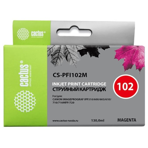 Картридж струйный Cactus CS-PFI102M пурпурный (130мл) для Canon IP iPF500/iPF600/iPF700/MFP M40/iPF765/LP17/LP24