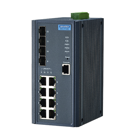 Коммутатор Advantech (EKI-7712E-4F-AE) управляемый Ethernet, 8 портов RJ-45, 4 порта Gigabit SFP, металлический корпус, IP30