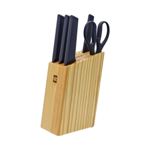 Набор стальных ножей HuoHou HU0058 Black RUS 4 ножа+ножницы+деревянная подставка из сосны черный
