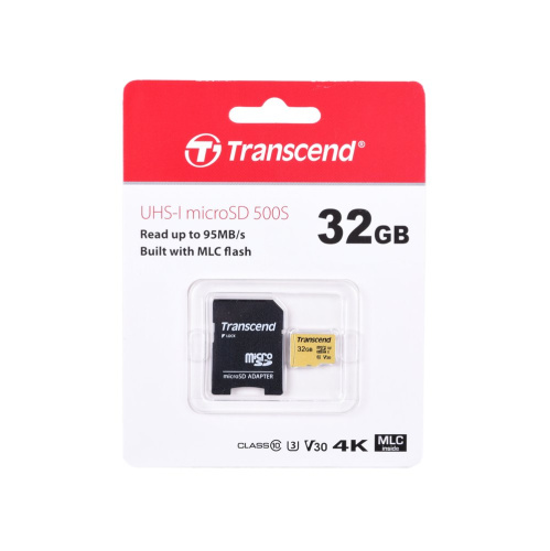 Карта памяти Transcend TS32GUSD500S micro SDHC 500S 32GB UHS-I Class U3 V30 с адаптером