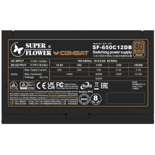 Блок питания Super Flower Combat DB SF-650C12DB 650W DB, ATX, 120mm, 4xSATA, 3xPCI-E(6+2), APFC, 80+ Bronze, non-Modular