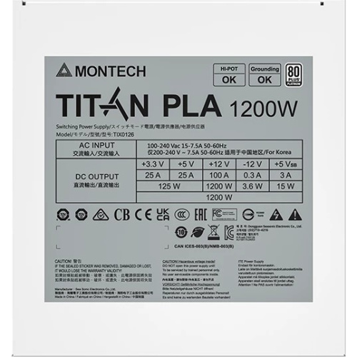 Блок питания Montech Titan PLA 1200W (TIX0126) / ATX 3.1, APFC, 80 Plus Platinum, Japan caps, 135mm fan, full modular