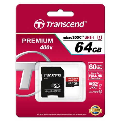 Карта памяти Transcend TS64GUSDU1 microSDXC Premium 64GB UHS-I Class 10 U1 с адаптером