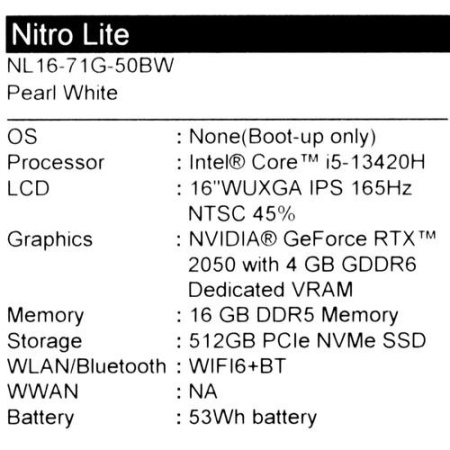 16" Ноутбук Acer Nitro Lite NL16-71G-50BW белый